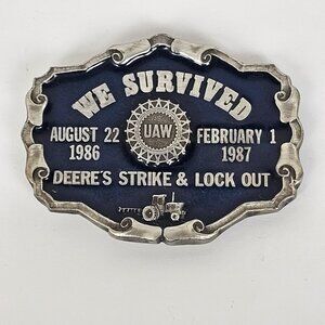 1986 1987 John Deere UAW United Auto Workers Strike Lock Out Belt Buckle Pewter